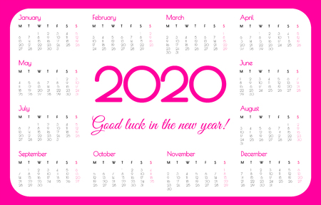 2020 year pocket calendar. Pink color, simple design. Week starts on Monday, horizontal orientation. Vector illustration.のイラスト素材