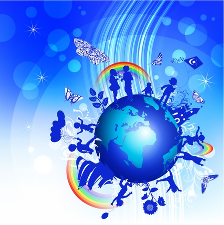 Blue background with kids and globe のイラスト素材