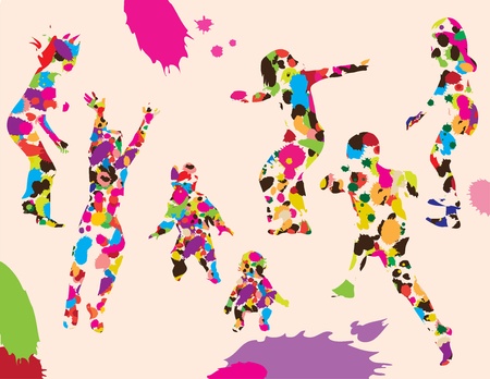 Children silhouettes made of colorful spots on speckled backgroundのイラスト素材