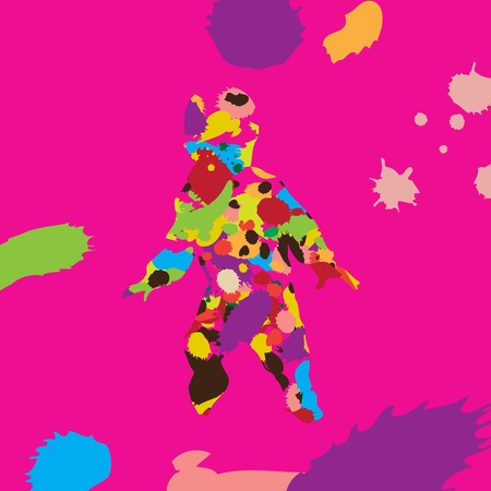 Baby silhouette made of colorful spots over colored abstract background のイラスト素材