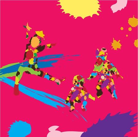 Children silhouettes made of colorful spots over colored abstract background のイラスト素材