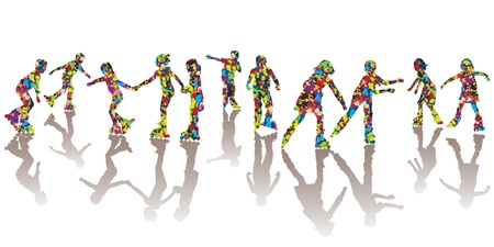 Children silhouettes made of colorful spots on roller skates