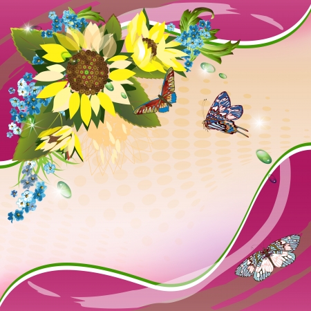Background with sunflowers, cornflowers and butterflies のイラスト素材
