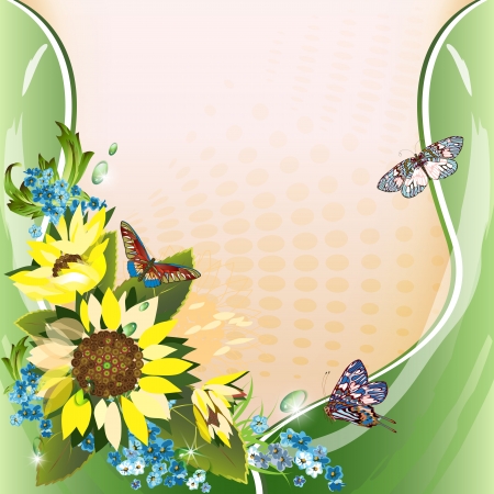 Background with sunflowers, cornflowers and butterflies のイラスト素材