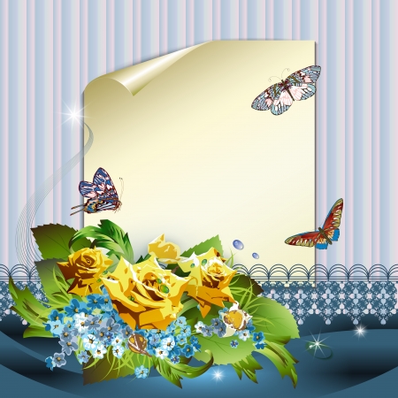 Sheet of paper, roses, cornflowers and butterflies のイラスト素材