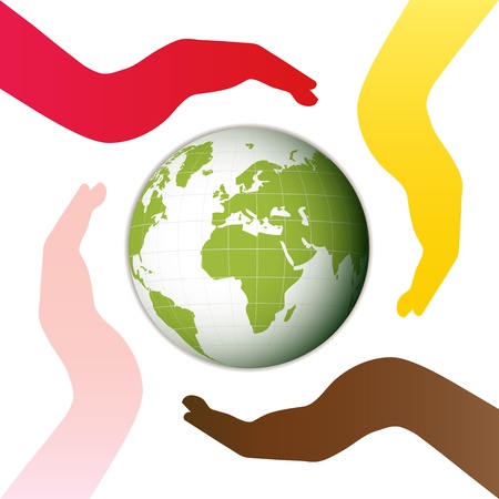Earth surrounded by four hands  White background  のイラスト素材
