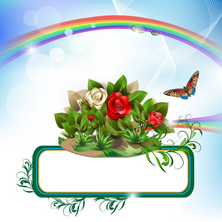 Banner with beautiful roses, butterfly and rainbowのイラスト素材