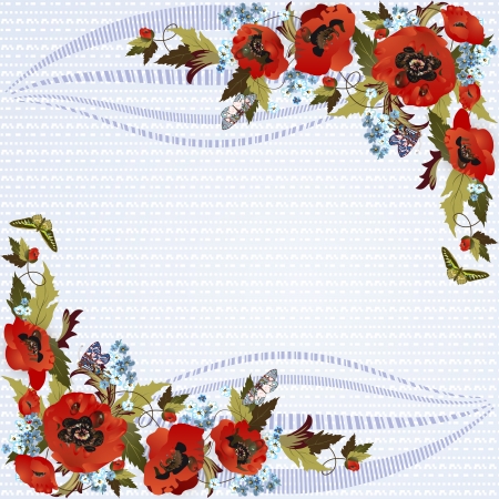Beautiful background with poppies, cornflowers and butterfliesのイラスト素材