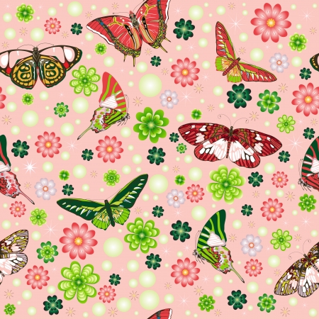 Seamless pattern with butterflies, flowers and cloverのイラスト素材