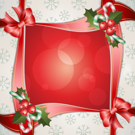 Christmas background with holly berry, candy and ribbonのイラスト素材