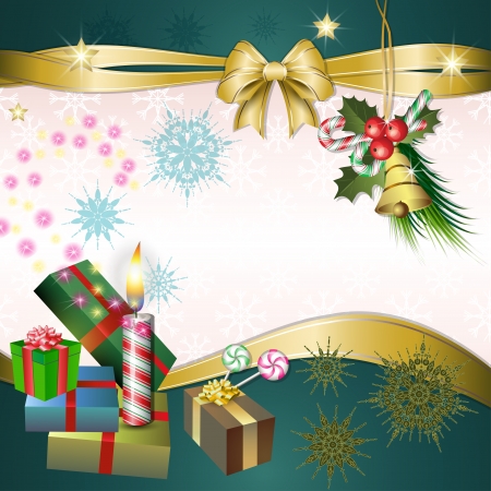 Merry Christmas background with candle, gifts, fir, holly, candy and bowのイラスト素材