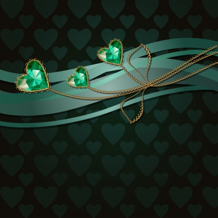 Beautiful three green diamond hearts and gold ornamentsのイラスト素材