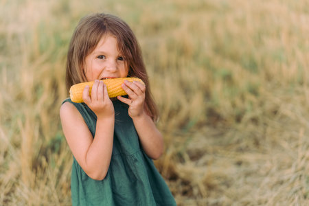 child, girl eating corn in the fieldの写真素材