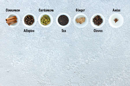 Ingredients for Indian masala tea on a gray background. With inscriptionsの写真素材