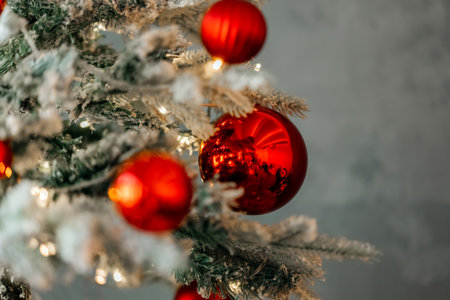Red Christmas toys on a branch of a Christmas tree, snow on a branch