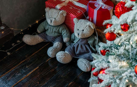 Christmas tree with gifts and teddy bearsの写真素材