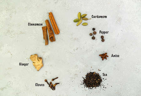 Ingredients for Indian masala tea on a white background. With inscriptionsの写真素材