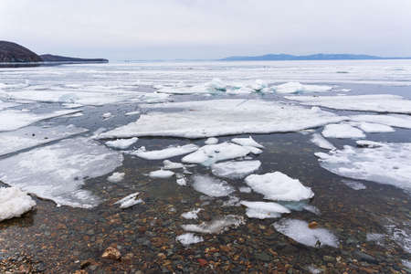 Melting ice. Icebreaker, many white ice floats in the water. high quality photoの写真素材