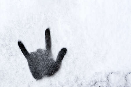 Close up of palm print on frozen winter window. high quality photoの写真素材