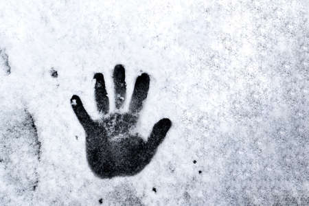 snowhand. One hand prints on fresh snow. winter day. high quality photoの写真素材