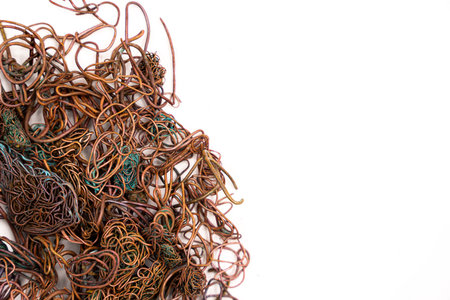 Burned copper wire isolated on white background. high quality photoの写真素材
