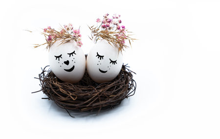 Easter eggs with happy faces. Close up, isolated. happy easter. high quality photoの写真素材