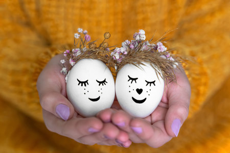 Easter eggs with happy faces. Close up, isolated. happy easter. high quality photoの写真素材