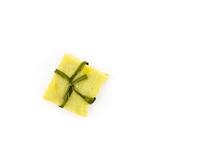 Natural handmade soap bars on wooden background. Spa organic soap in eco paper packaging. high quality photoの写真素材