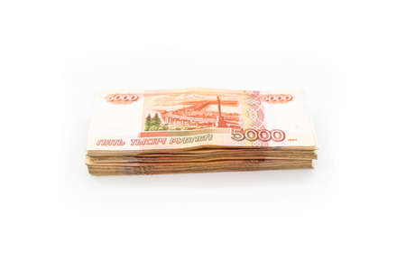 Banknotes of Russian rubles of various denominations on a white background. five thousand rubles. high quality photoの写真素材