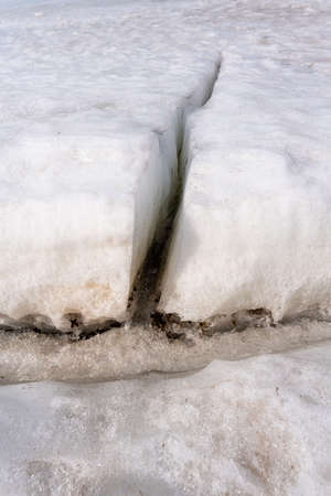 crack in the ice sheet. snow ice. Cracked ice floats on the sea. high quality photoの写真素材