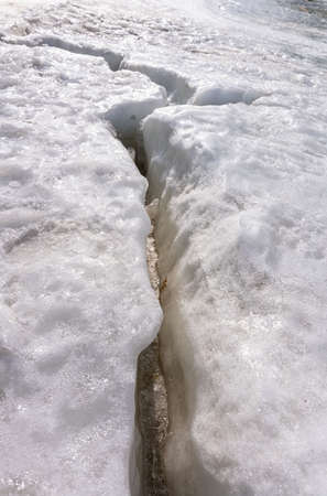 crack in the ice sheet. snow ice. Cracked ice floats on the sea. high quality photoの写真素材