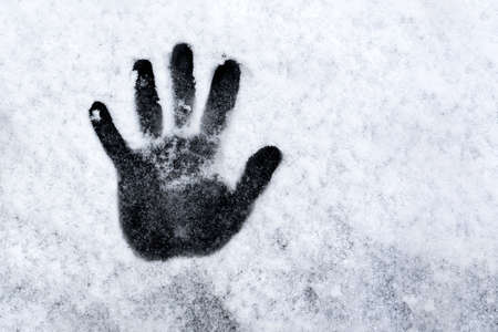 Snow Hand. One hand prints on fresh snow. Winter day.の写真素材