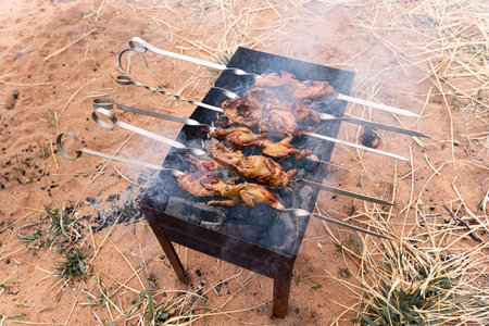 Preparation of marinated quail on the grill grate. high quality photoの写真素材