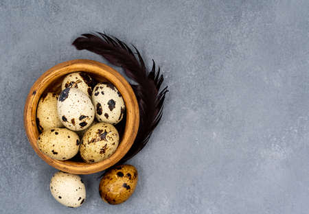 Quail eggs on a gray background. Proper nutrition. diet food. high quality photoの写真素材