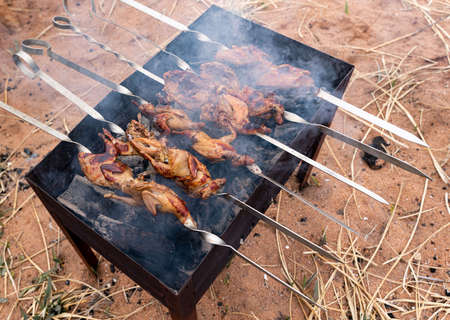 Preparation of marinated quail on the grill grate. high quality photoの写真素材