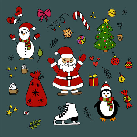 collection of christmas objects and characters isolated on white background. vector illustrationのイラスト素材