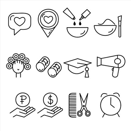 Hair salon icon set. Included the icons as hair cut, cleaning, barber, hair dryer, clipper, hair curler and more. vector illustrationのイラスト素材