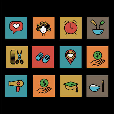 Hair salon icon set. Included the icons as hair cut, cleaning, barber, hair dryer, clipper, hair curler and more. Vector illustrationのイラスト素材