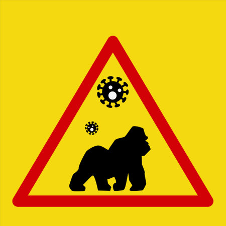 Vector illustration of monkey icon with virus cells. new virus Monkeypox 2022 - disease transmitted by monkey, monkey in simple flat style isolatedのイラスト素材