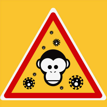 Vector illustration of monkey icon with virus cells. new virus Monkeypox 2022 - disease transmitted by monkey, monkey in simple flat style isolatedのイラスト素材