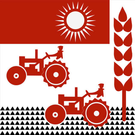 Agriculture concept. Tractor plows the field. The process of tillage. Rural life. Farmland vector illustration.のイラスト素材