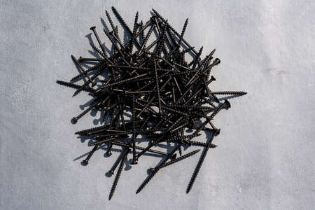 Black metal screws on gray isolate. Many screws on a gray background. high quality photoの写真素材