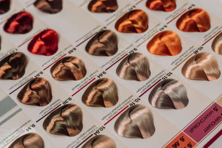 Samples of professional hair dye in a hairdressing salon. Hair coloring in a beauty salon. Hair dye kit on board with hair samples of different colors. high quality photoの写真素材