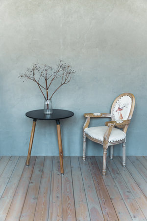 Interior with table and chair on a gray background. High quality photo. high quality photoの写真素材