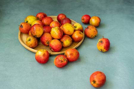 Fresh red apples on a gray background. fruit. view from above. Free space for text. high quality photoの写真素材