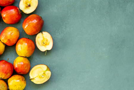 Fresh red apples on a gray background. fruit. view from above. Free space for text. high quality photoの写真素材