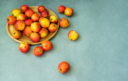 Fresh red apples on a gray background. fruit. view from above. Free space for text. high quality photoの写真素材