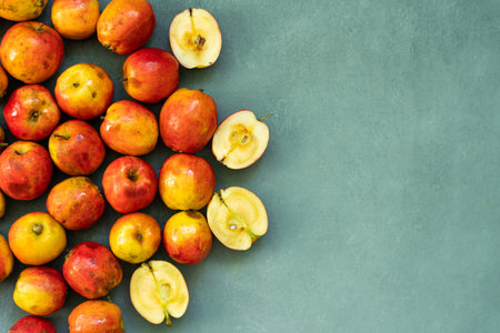 Fresh red apples on a gray background. fruit. view from above. Free space for text. high quality photoの写真素材