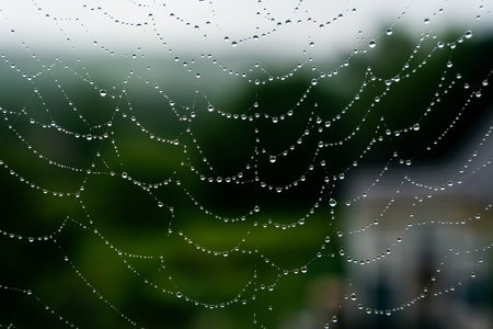 Beautiful natural background with a necklace of water drops on a cobweb in the grass in spring summer. The texture of the dew drops on the web in nature macro macro with soft focus.の写真素材