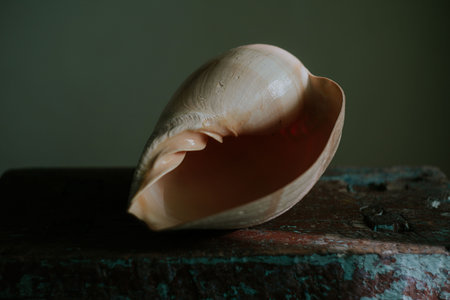 An image of a large empty ocean snail shell. Underwater animals. Seashells. Interior photo. Melo...